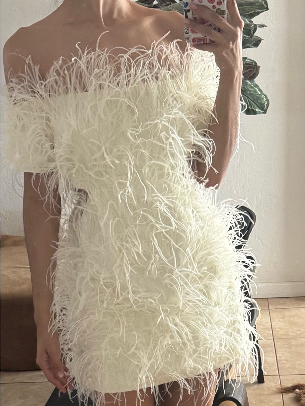 cult gaia Off-the-Shoulder Feather Mini Dress in Cream